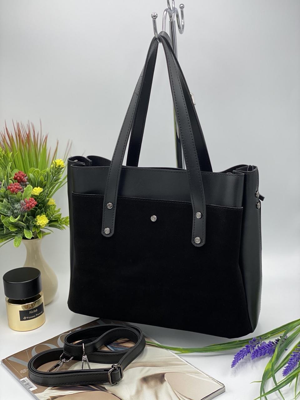 Сумка жіноча замшева 33*26 см на блискавці з довгим ремінцем у різних кольорах Nata чорний, фото 1