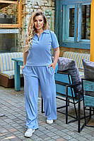 Женский летний костюм Гларус трикотаж рубчик больших размеров свободные брюки футболка поло голубой