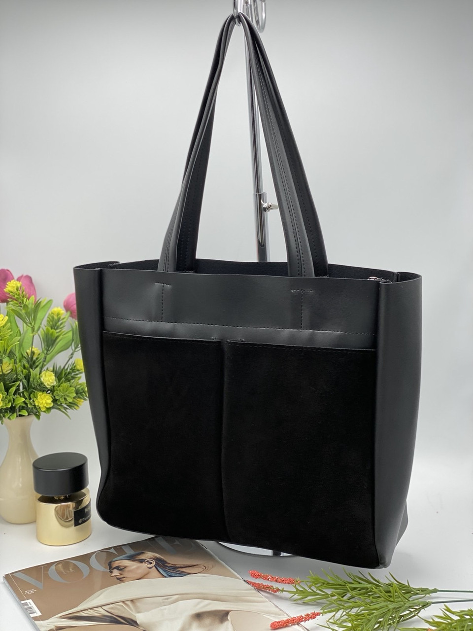 Сумка жіноча шопер на блискавки з кишенями 34*30 см Nata Чорна замша, фото 1