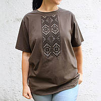 Современная вышитая футболка унисекс коричневого цвета с украинским узором, футболка вышиванка женская, Ладан