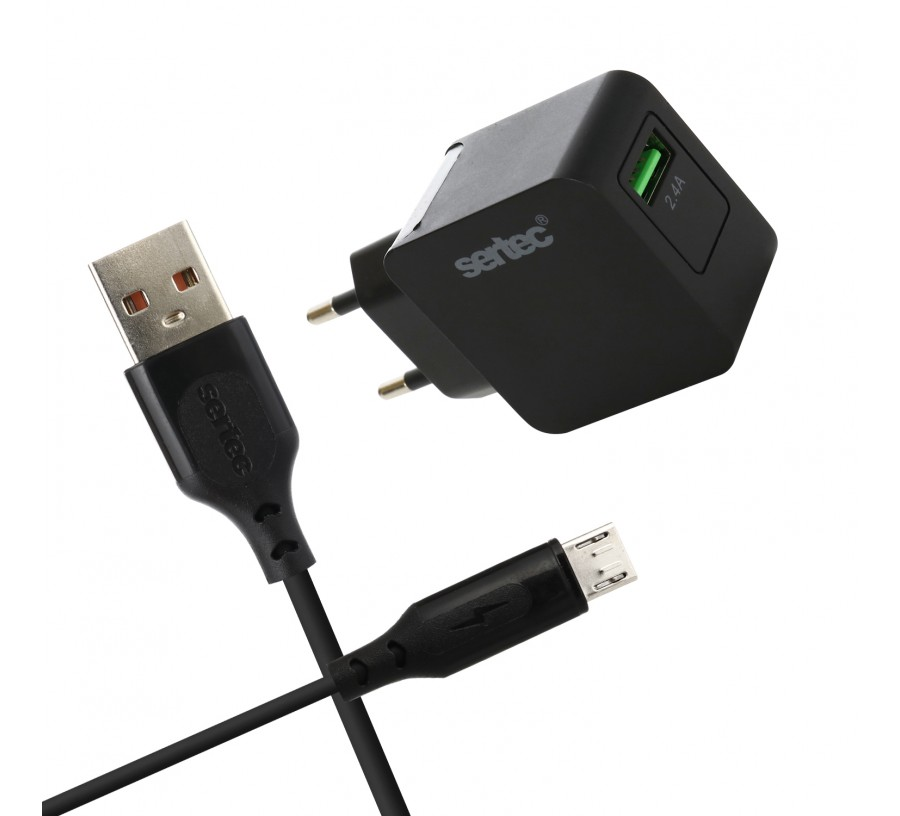 Зарядний пристрій + кабель Micro-USB SERTEC ST-1040 |1USB, 2.4A, 10W| Чорний