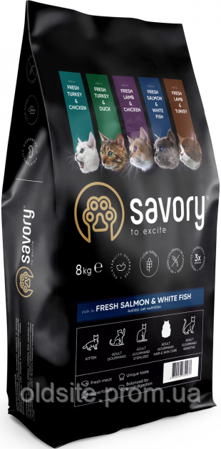 Корм Savory Adult Cat Gourmand Fresh Salmon & White Fish сухий зі свіжим лососем і білою рибою для довгошерстих котів 8 кг