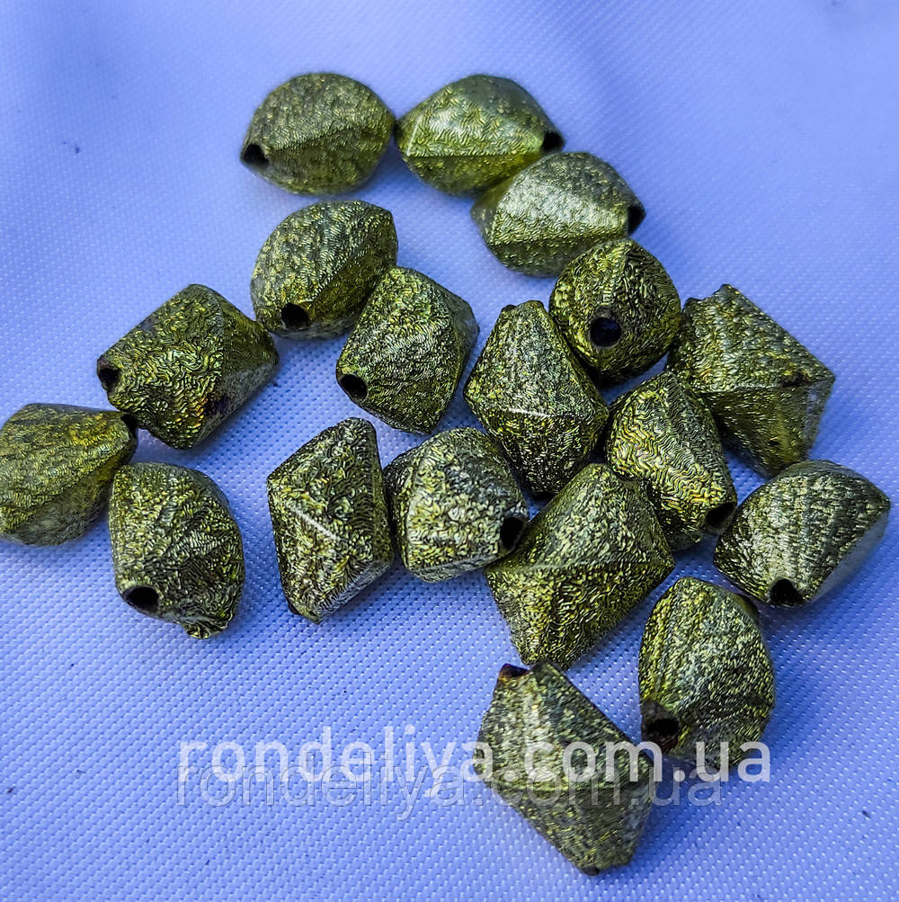 Намистина з глітером "Нерівний конус" зелене золото, фото 1