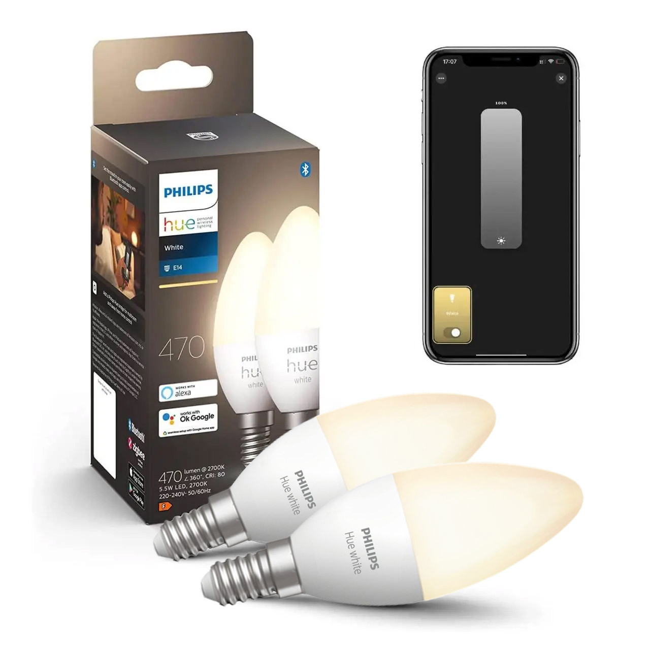 Розумні LED лампочки Philips Hue E14 White 470лм 40Вт 5.5W, ZigBee, Bluetooth, Apple HomeKit, 2шт.