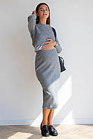 Костюм для беременных и кормящих мам с топом и юбкой миди из мягкого трикотажа в рубчик серый, 5477153-4-С