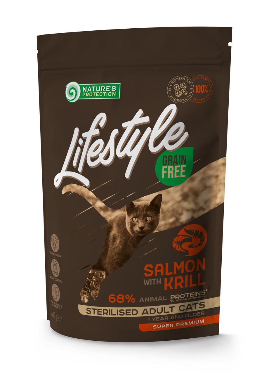 Сухий беззерновий корм для стерілізованих дорослих котів з лососем Lifestyle Grain Free Salmon with krill Sterilised Adult Cat 400