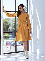 Нарядное желтое женское платье с поясом по талии средней длины миди 44 по 52