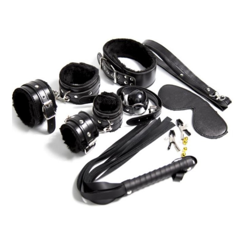 Бдсм набір для садо мазо ігор / Шкіряний бондажний комплект фіксації з 7-ми аксесуарів з чорним хутром, фото 1
