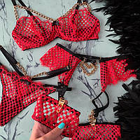 Комплект білизни еротичний з ланцюжками S червоно-чорний