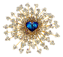 Брошка Xuping Позолота 18K "Пишна квітка з синім серцем і сірими намистинами"