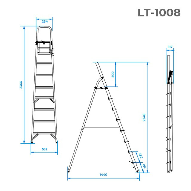 Стремянка из алюминия, 8 ступеней, высота до платформы 1720мм INTERTOOL LT-1008 - фото 7 - id-p1673008900