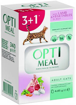 Вологий корм Optimeal Оптимил для дорослих котів з індичкою та овочами в желе 3+1 шт