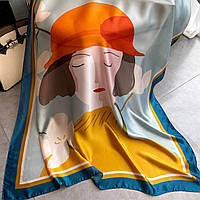 Шелковый шарф женский голубой с оранжевым принт девушка 180*90
