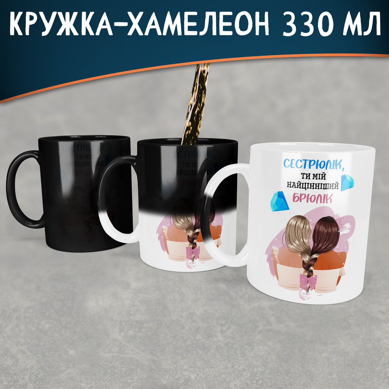 Чашка-хамелеон Сестрюлік, ти мій найцінніший брюлік. Кращий подарунок сестрі