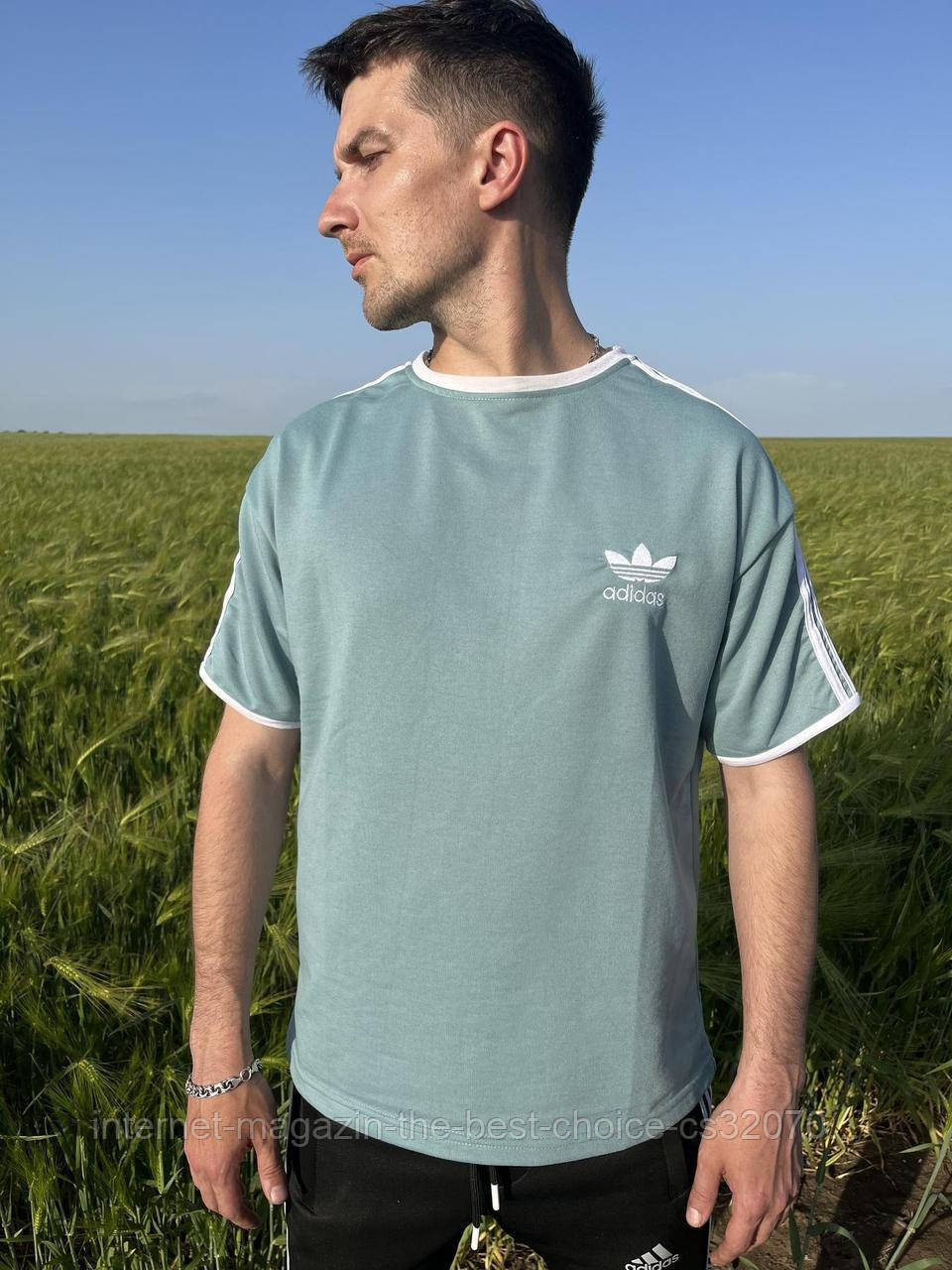 Футболка мужская Adidas/Адидас голубая оверсайз р.S-3XL - фото 1 - id-p1673120799