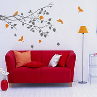 Интерьерная виниловая наклейка на стену Веточка с листьями (тонкие веточки, дерево с птицами)