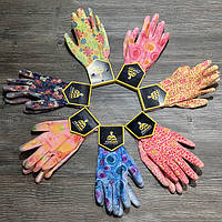 Рукавички поліестер Нітрілова обливка, Повний облив, квіточки МІКС 12шт