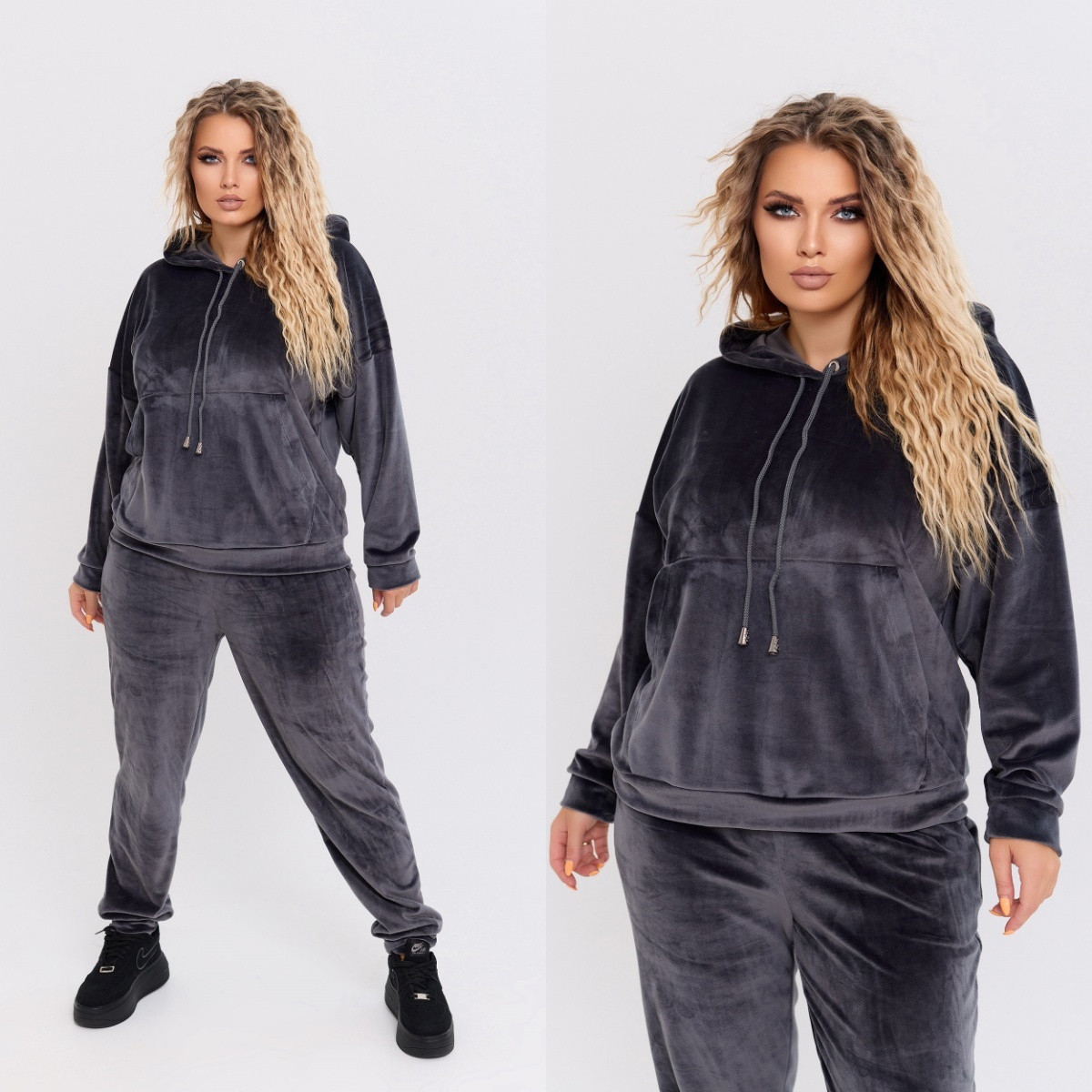 Спортивний велюровий костюм вільна кофта кенгуру та штани середньої посадки на резинці, фото 1