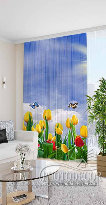 Фото Штора "Тюльпани з метеликами" висота - 3,26м, ширина - 1,24м, тасьма
