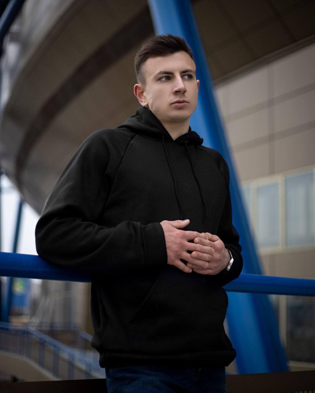 Толстовка чоловіча зимова тепла чорна худі чоловіче утеплене кофта на флісі