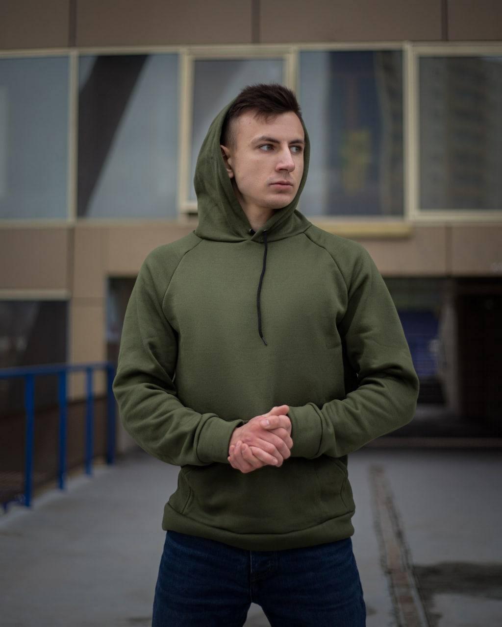 Толстовка чоловіча зимова тепла хакі худі чоловіче утеплене кофта на флісі