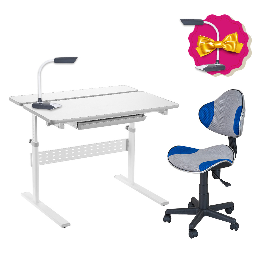 Комплект парта FunDesk Colore Grey + дитяче комп'ютерне крісло FunDesk LST3 Blue-Grey