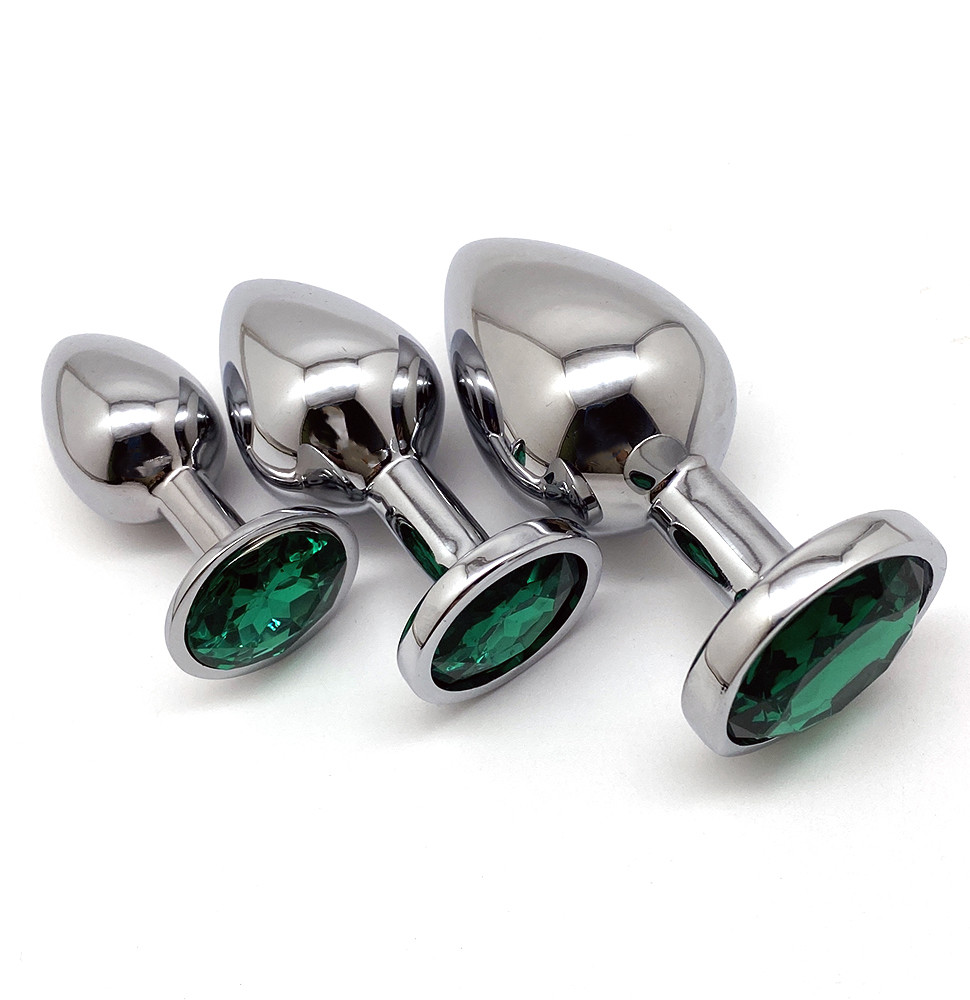 Комплект анальних металевих пробок 3 шт. Wo-sex із смарагдовим кристалом та чохлом, фото 1
