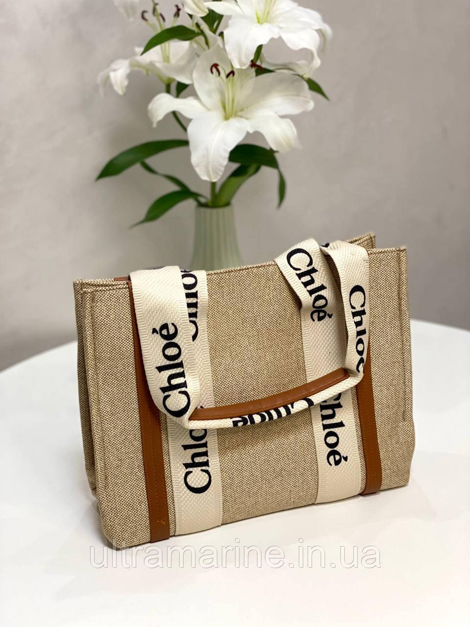 Текстильна сумка-шопер з вставками із еко-шкіри Chloe Shopper Medium Woody Beige Бежевий