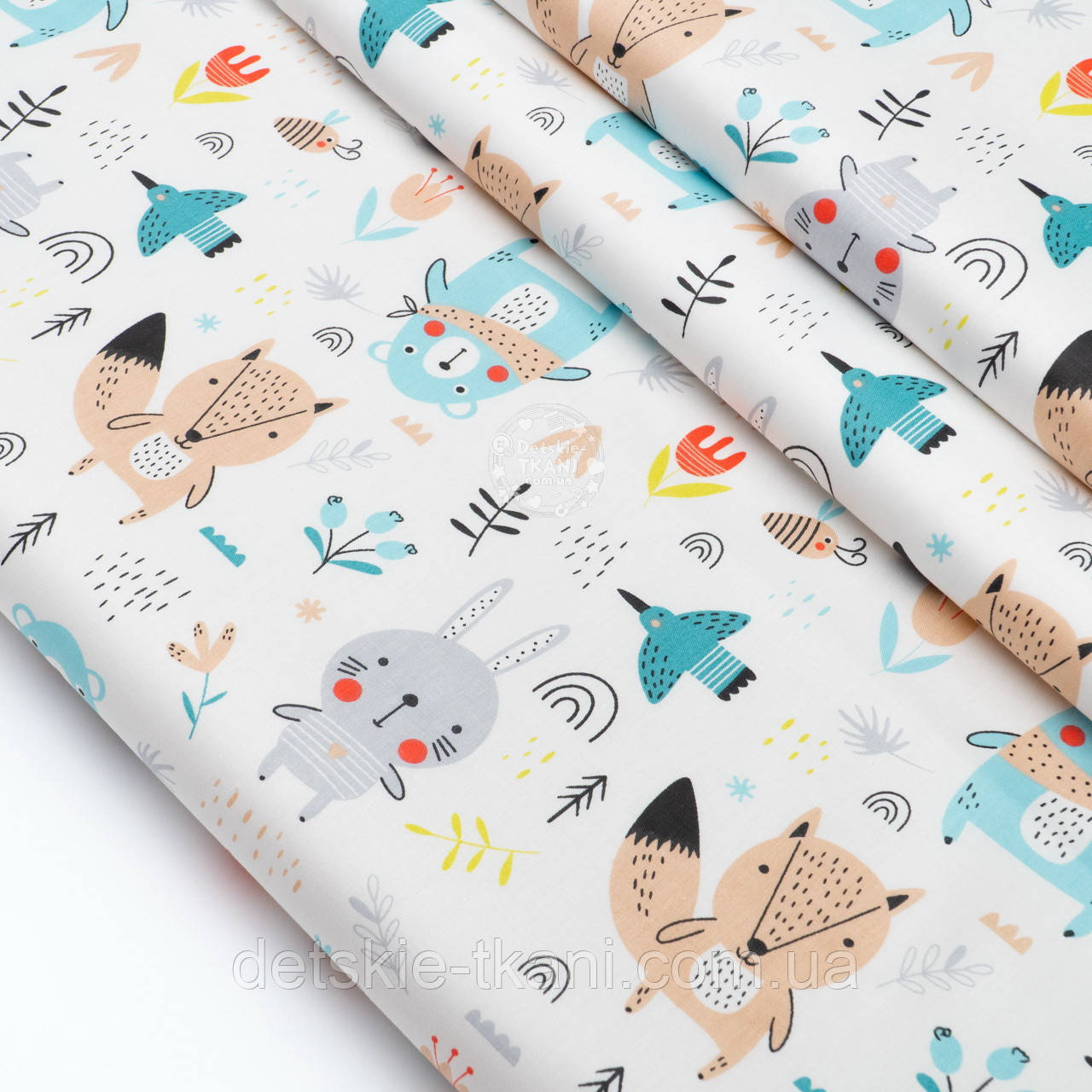 Сатин "Бірюзові ведмедики з бежевою хустинкою, лисички та зайчики" №2628с, фото 1