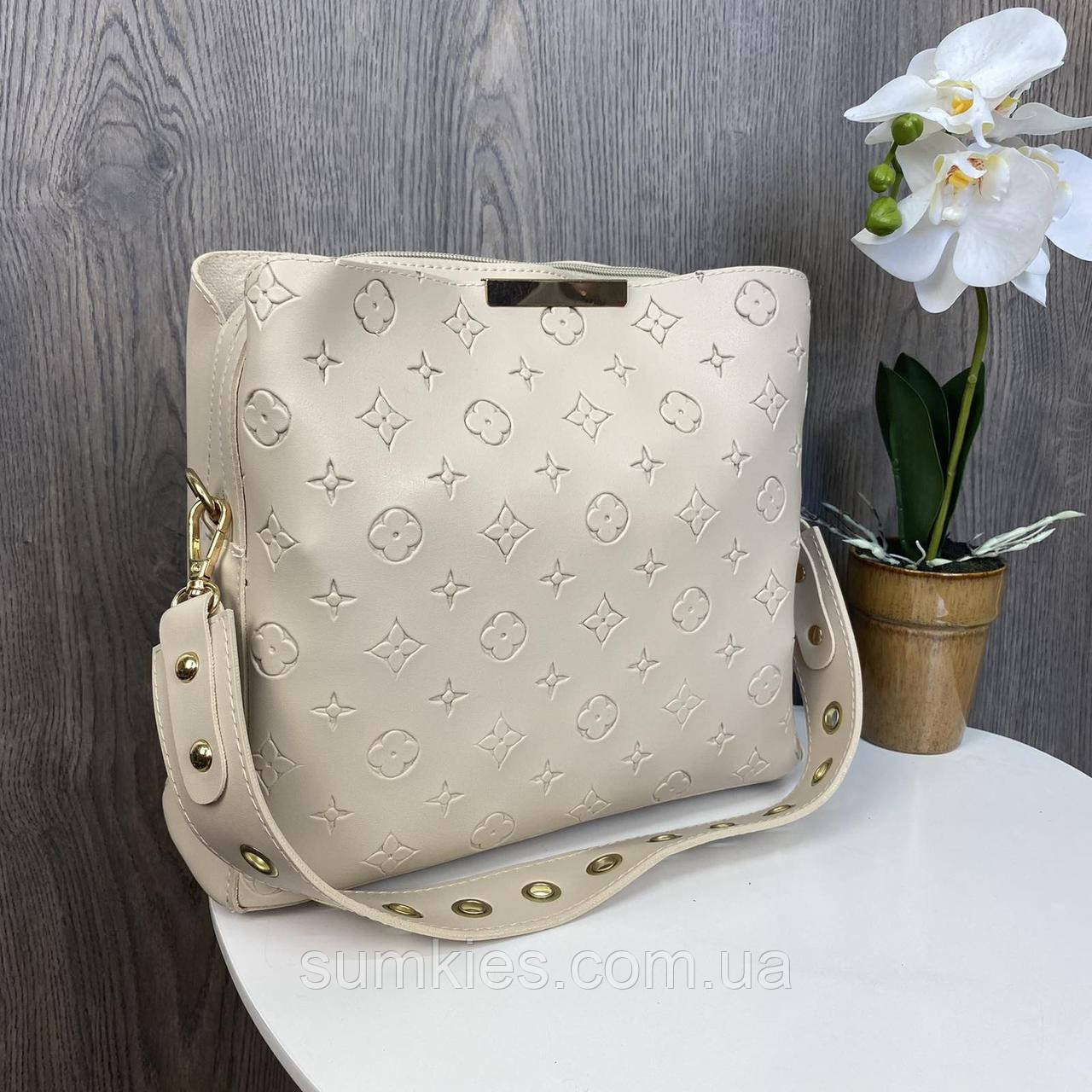 Якісна жіноча сумка по Луї Вітон чорна, сумочка на плече із широким ремінцем Молочний, фото 1