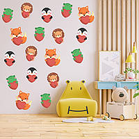 Набір наклейок на стіну в дитячу кімнату «Тварини (лев, пінгвін, лисиця, жаба) із серцями» (18 штук) з оракалу