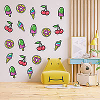 Набір наклейок на стіну в дитячу кімнату «Солодощі» (вишня, морозиво, ескімо, пончик) (19 штук) з оракалу
