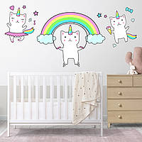 Набір наклейок на стіну в дитячу кімнату "Коти-однороги з веселкою" (3 елементи) з оракалу
