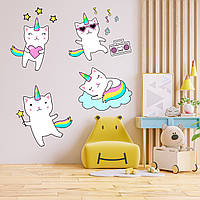 Набір наклейок на стіну в дитячу кімнату "Коти з райдужними хвостами" (4 штуки) з оракалу