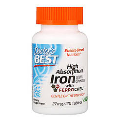 Хелатне залізо, High Absorption Iron, Doctor's Best, 27 мг, 120 таблеток