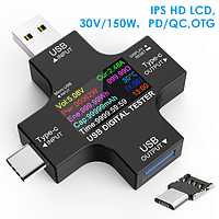 Мультифункціональний USB-тестер J7-c (TYPE-C, Micro USB) 3,60-32,0 V; 0-150.0W; 0-99999 mAh