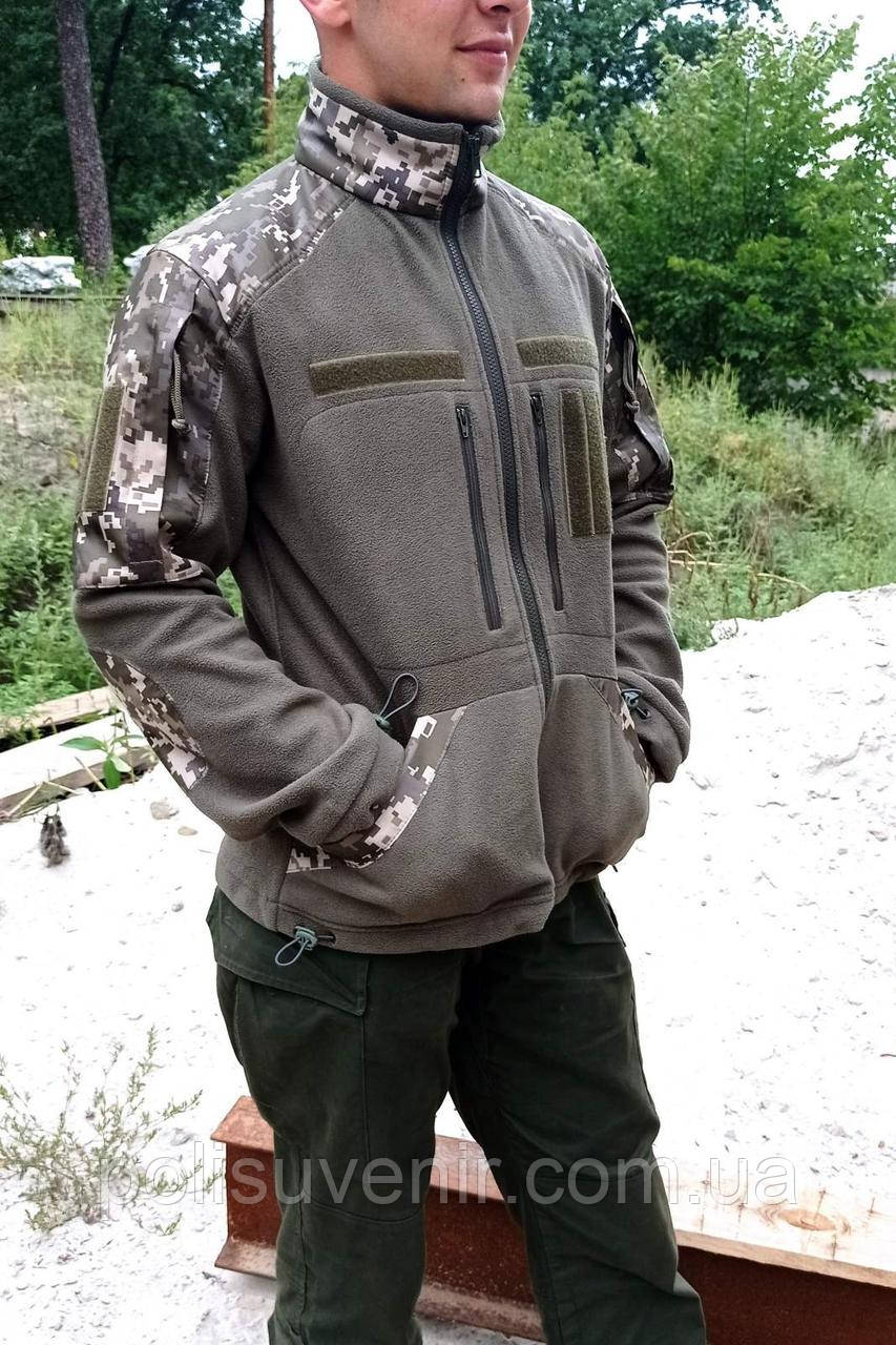 Флісова тактична кофта Олива з піксельними вставками та нашивками