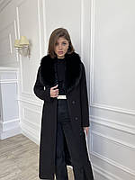 Зимнее кашемировое женское деловое черное пальто с мехом