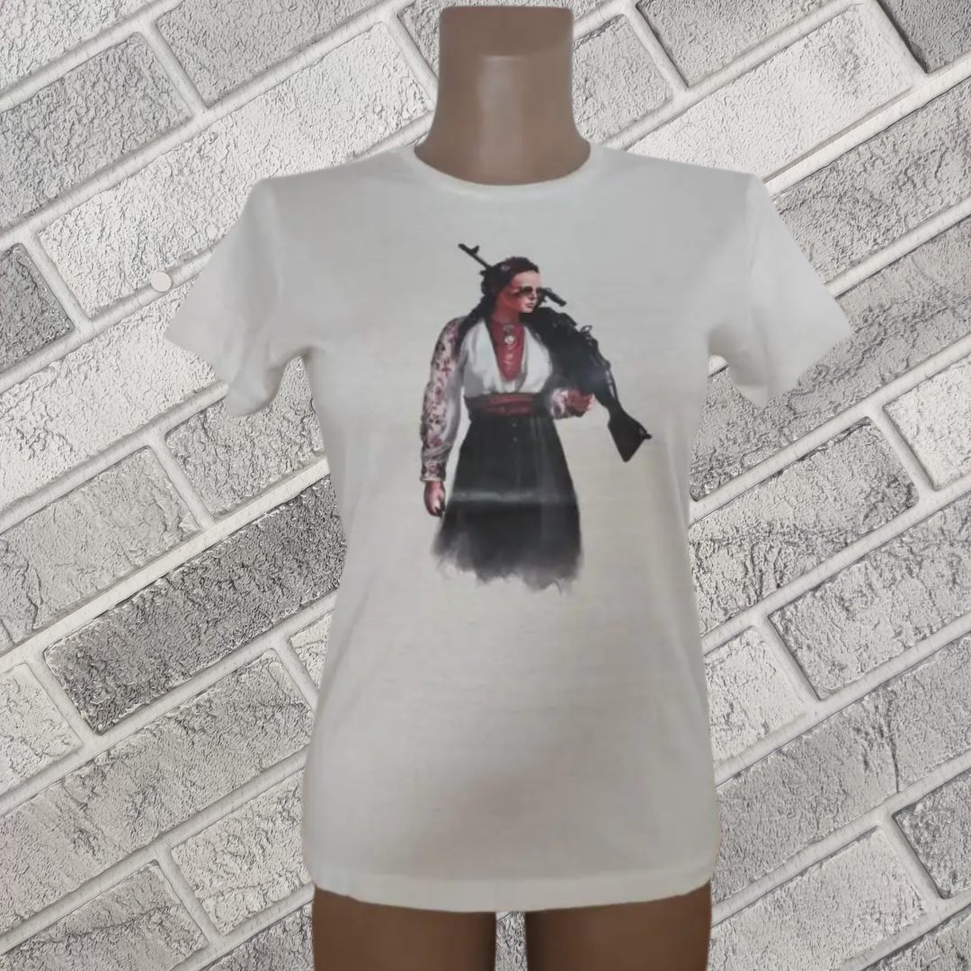 Футболка жіноча патріотична р.М "дівчина з автоматом" котон 30035372, фото 1