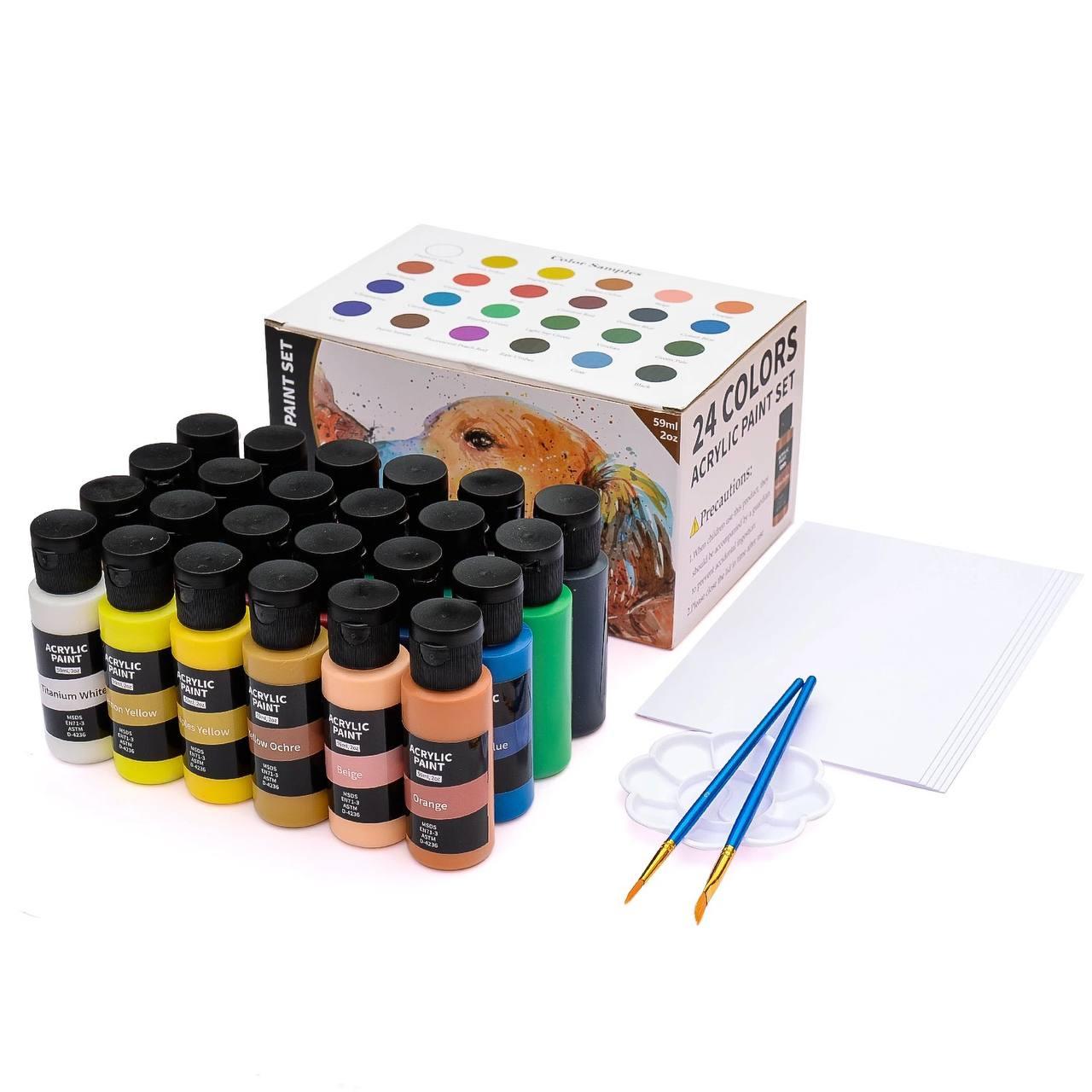 Акрилові фарби для малювання Acrylic Paint Set 24 штуки по 59 мл, папір для малювання, палетка та пензлики 2 штуки