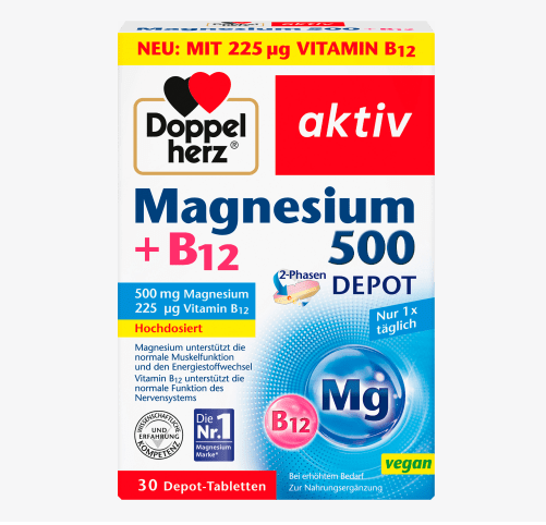 Доппельгерц Магній 500 + вітамін В12 Doppelherz Magnesium Магній для зміцнення серцево-судинної системи та інших фунції, фото 1