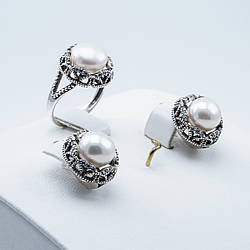 Срібні сережки 925 пр., культивовані перли та фіаніт, чорниця, вага 6,88 г, СБ00022 (1)