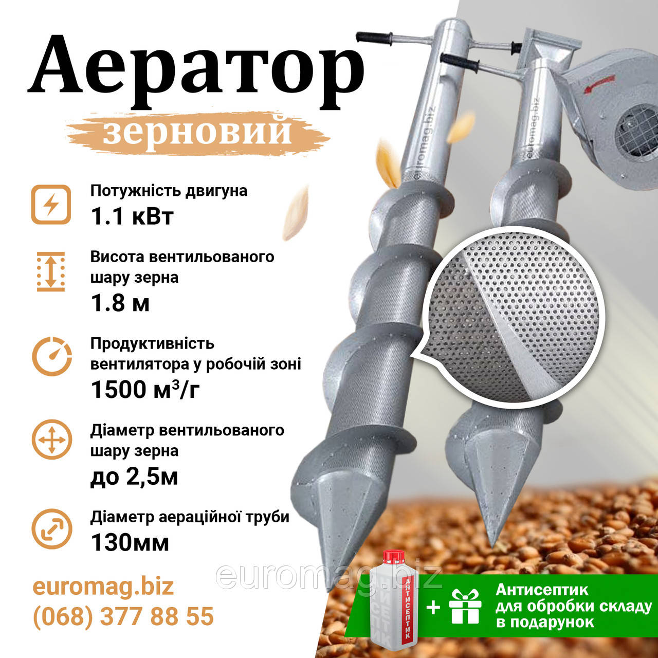 Аератор зерна, Зерновентилятор 1,1 кВт,  220 Вт