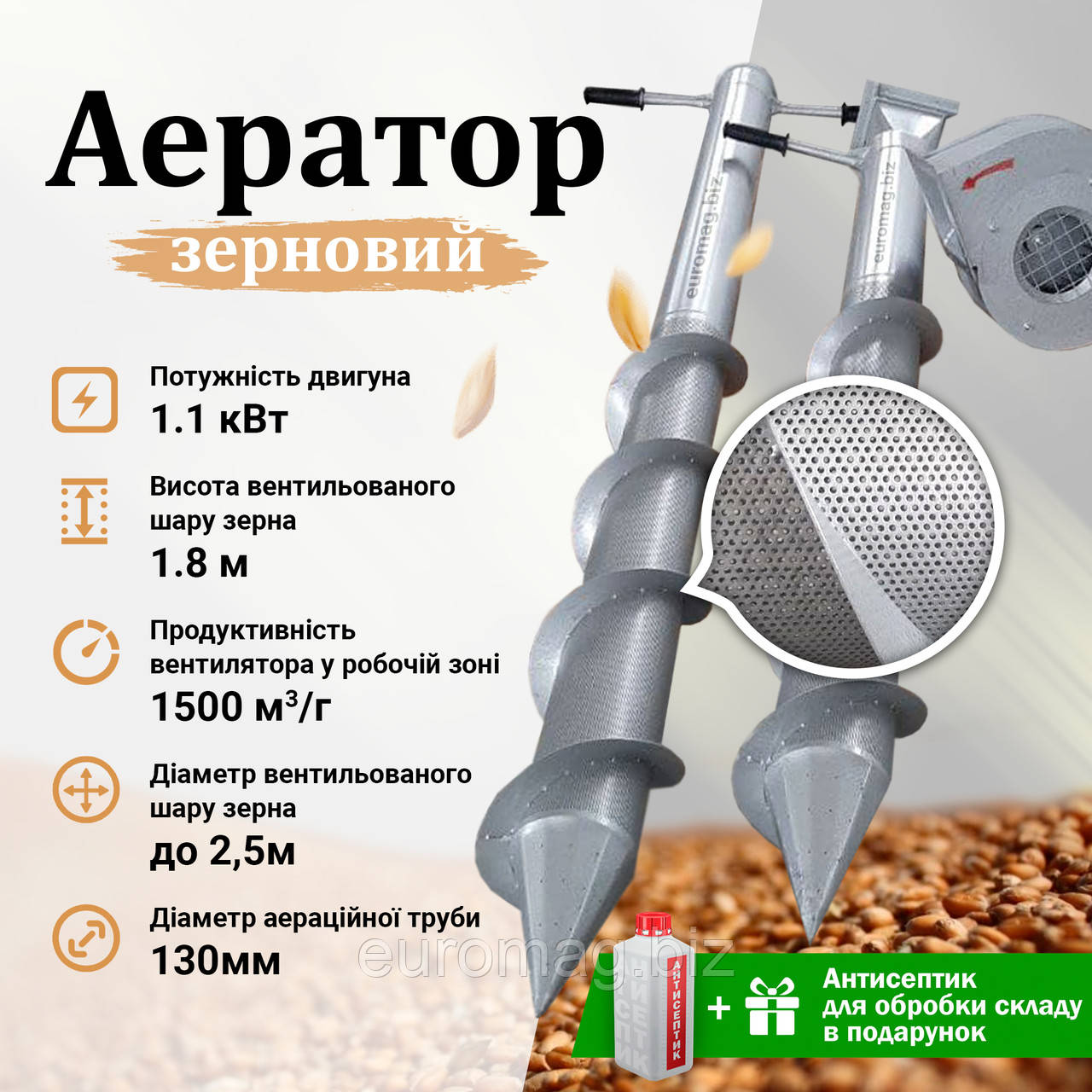 Зерновентилятор 1,1 кВт (Аератор зерновий, віялка) з Термощупом, 220 Вт, фото 1