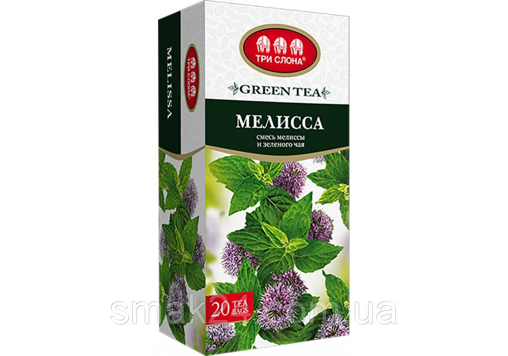Чай зелений байховий із мелісою Три Слони (20 пакетиків х 1,3 г) 26г