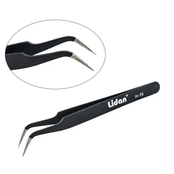 Пінцет для нарощування вій загнутий гострий LIDAN H-15, фото 1