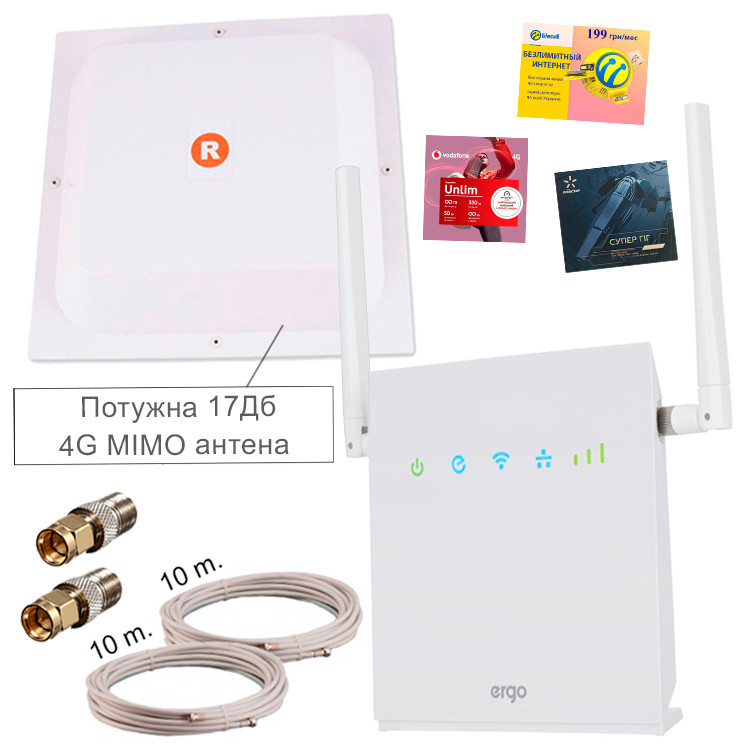 Потужний і зручний 4G WI-FI комплект (роутер ERGO R0516, антена МІМО 17 ДБ)