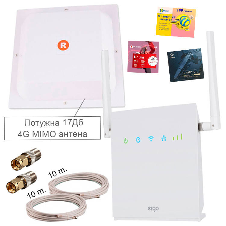 Потужний і зручний 4G WI-FI комплект (роутер ERGO R0516, антена МІМО 17 ДБ), фото 1