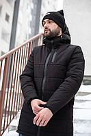 Мужская удлиненная демисезонная куртка черная с капюшоном