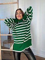 Трендовый женский свитер туника полосатая зелёная белая гольф удлинённая шерстяная хорошего качества Турция